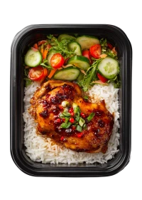 Baked chicken with vegetables in chili sauce with rice and vegetable salad