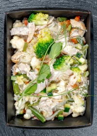 chicken meatballs with egg noodles and vegetables