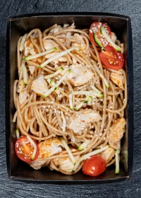 turkey with vegetables and spaghetti