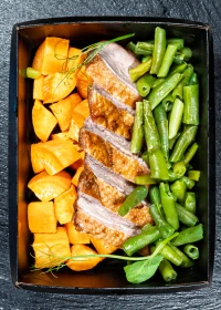 duck breast with sweet potatoes and beans