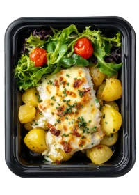 Baked white fish with cheese, potatoes and salad